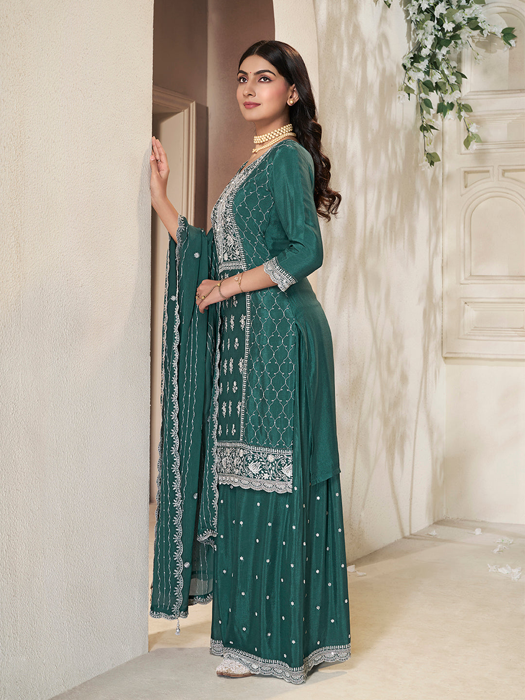Embroidered Green Chinon Top with Sequin Detailing and Matching Sharara Suit Set