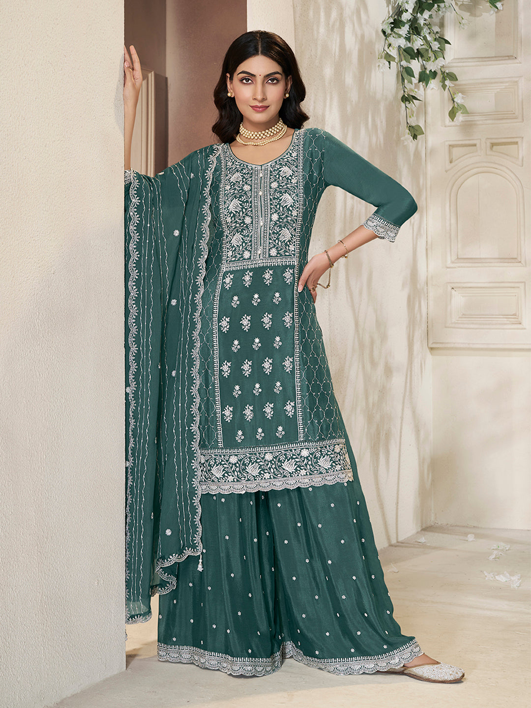 Embroidered Green Chinon Top with Sequin Detailing and Matching Sharara Suit Set