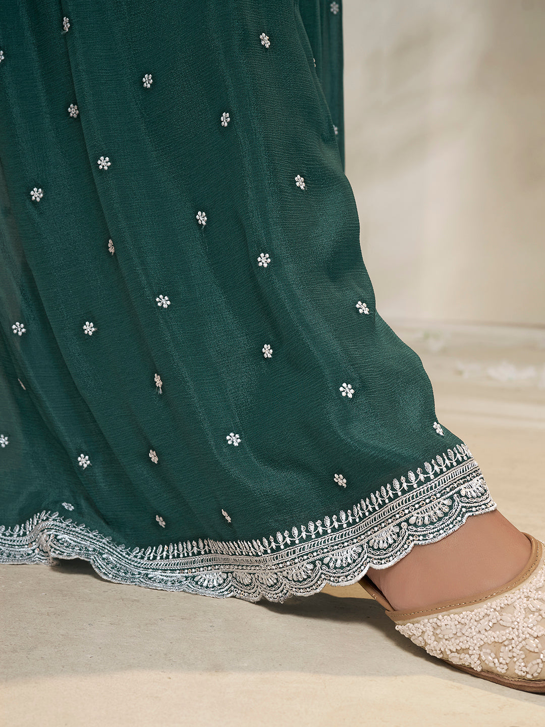 Embroidered Green Chinon Top with Sequin Detailing and Matching Sharara Suit Set