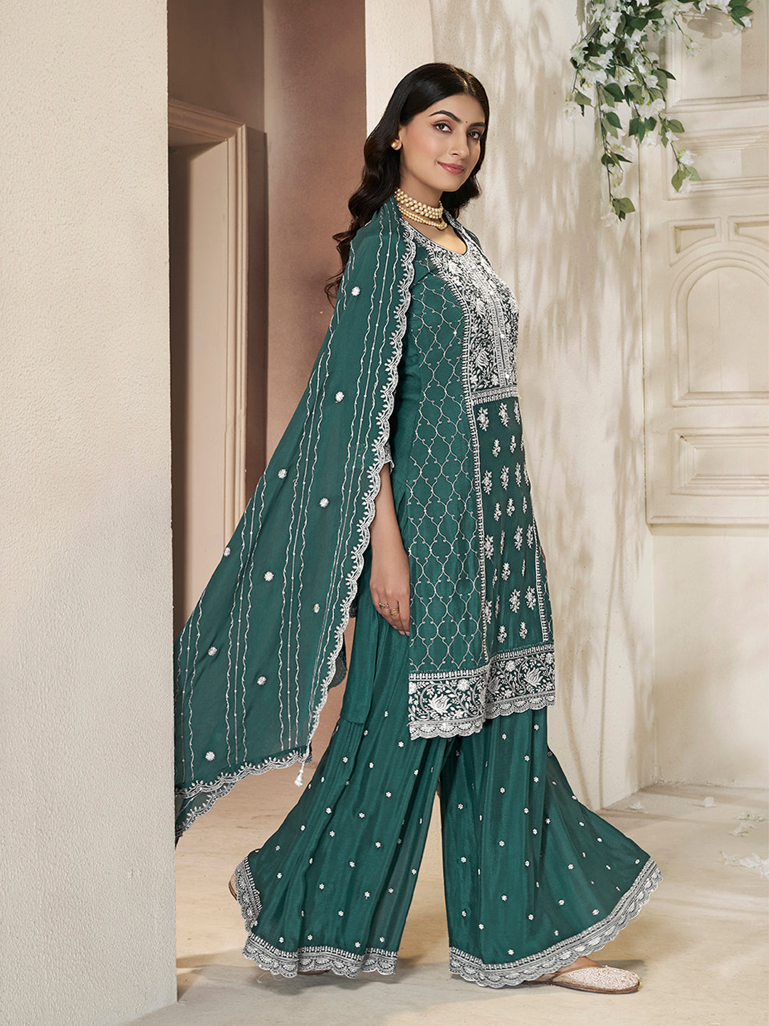 Embroidered Green Chinon Top with Sequin Detailing and Matching Sharara Suit Set
