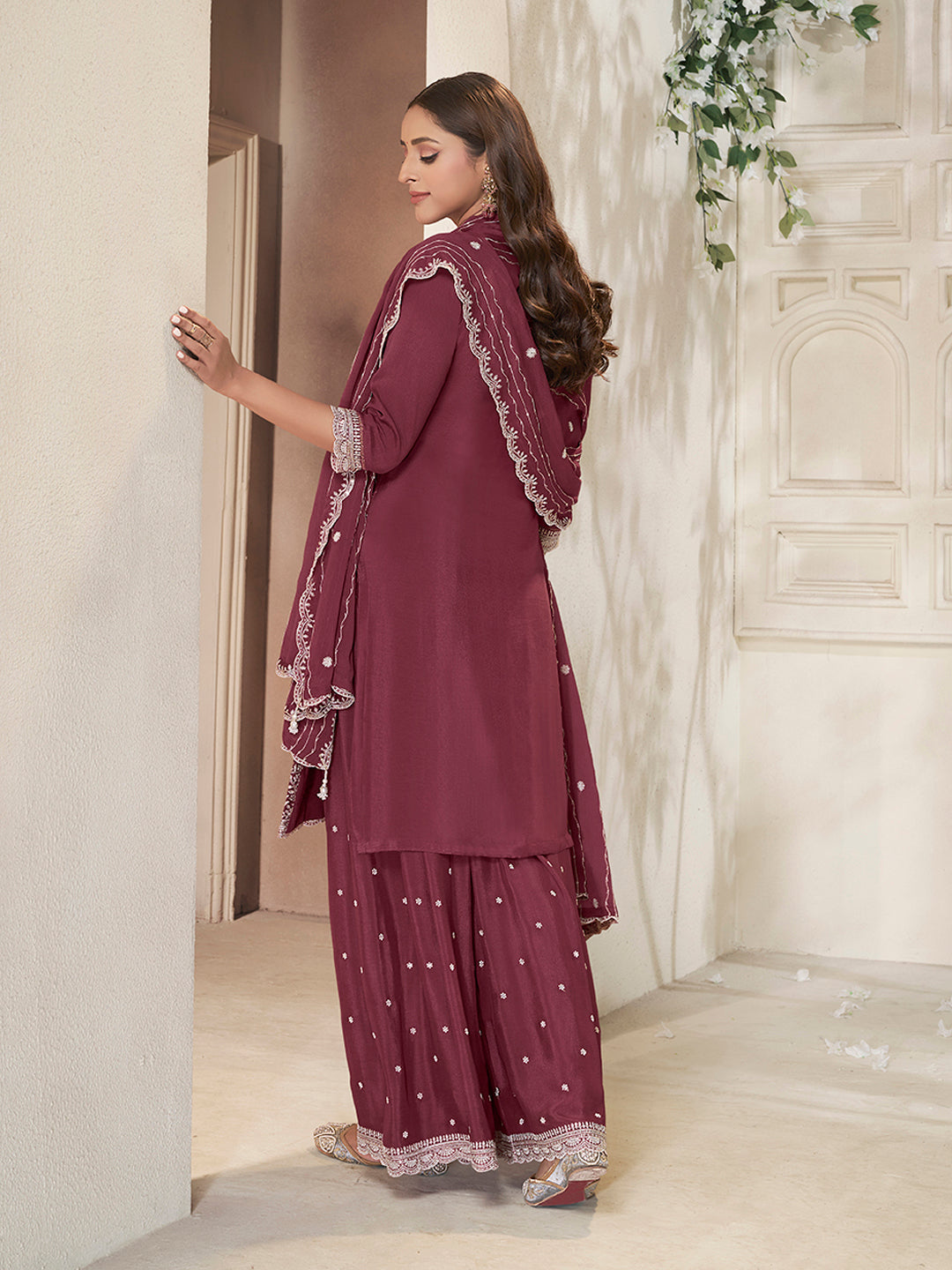 Embroidered Burgundy Chinon Top with Sequin Detailing and Matching Sharara Suit Set