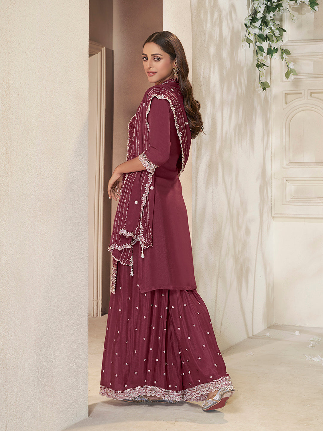 Embroidered Burgundy Chinon Top with Sequin Detailing and Matching Sharara Suit Set