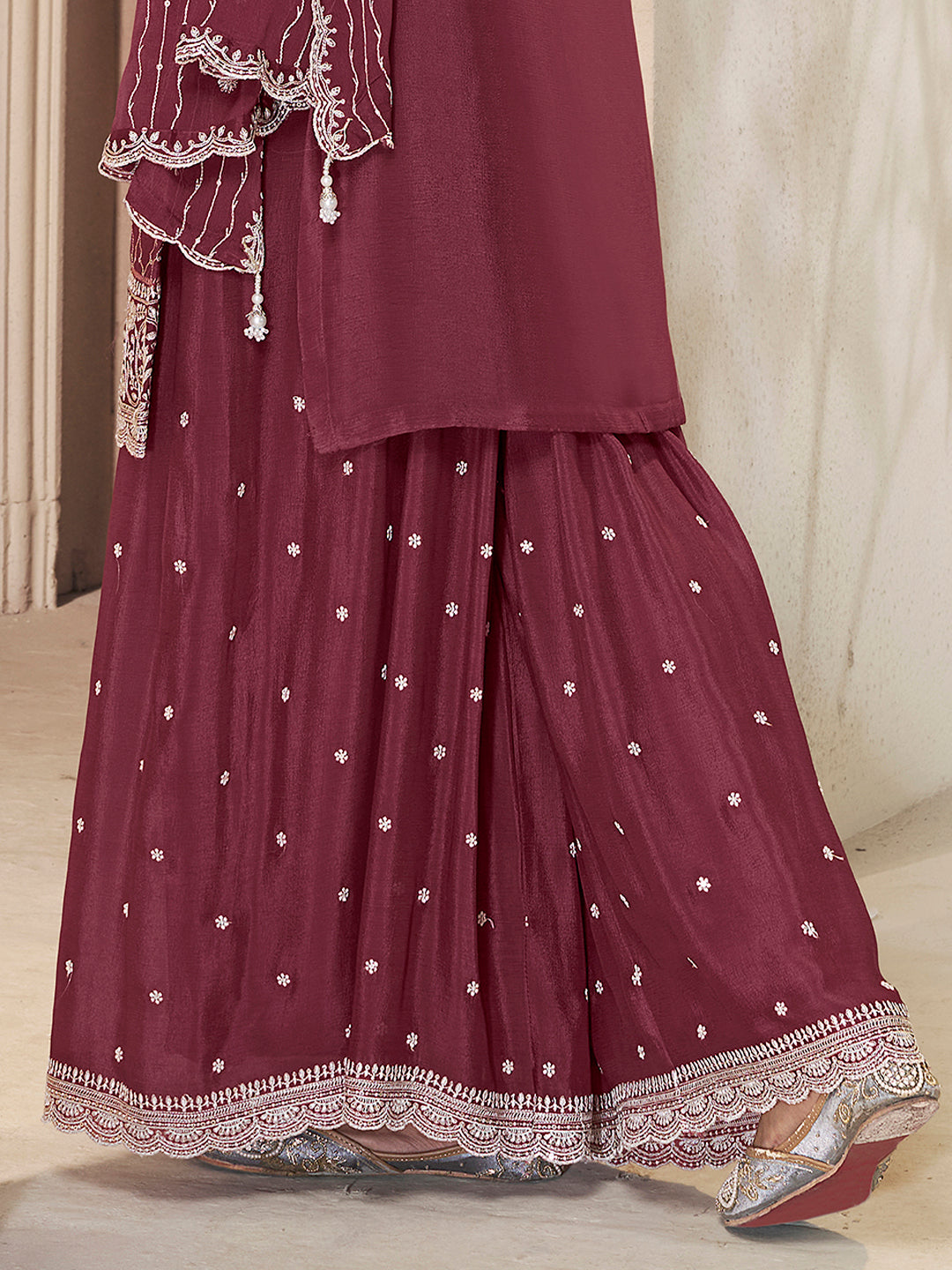 Embroidered Burgundy Chinon Top with Sequin Detailing and Matching Sharara Suit Set