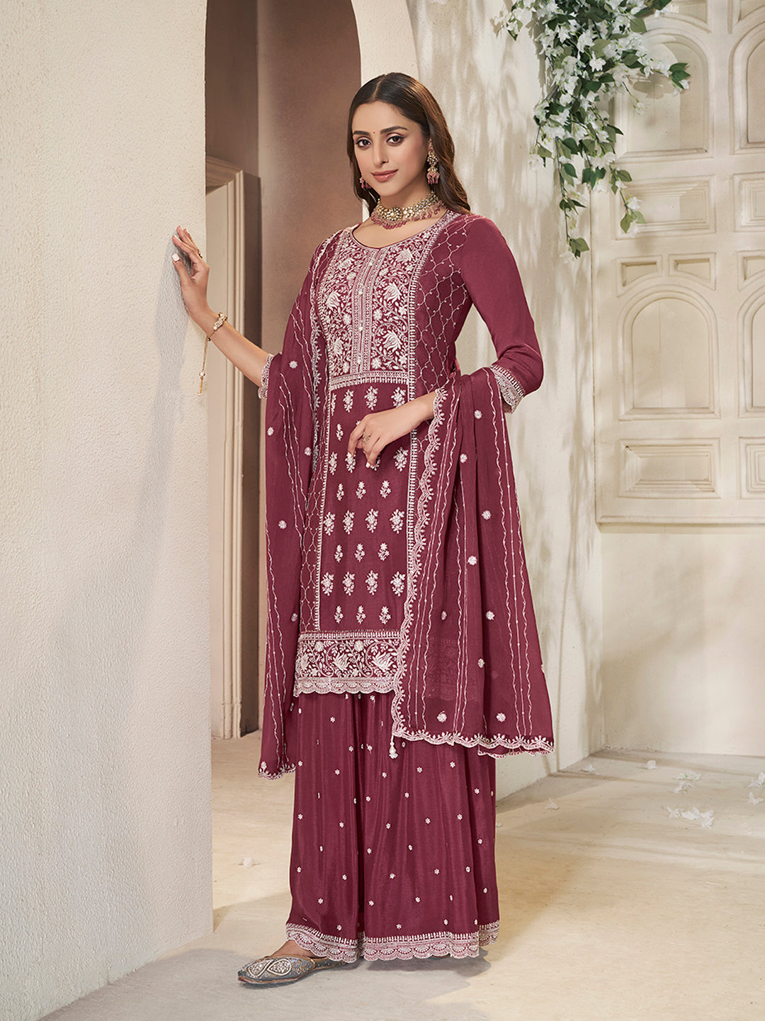 Embroidered Burgundy Chinon Top with Sequin Detailing and Matching Sharara Suit Set