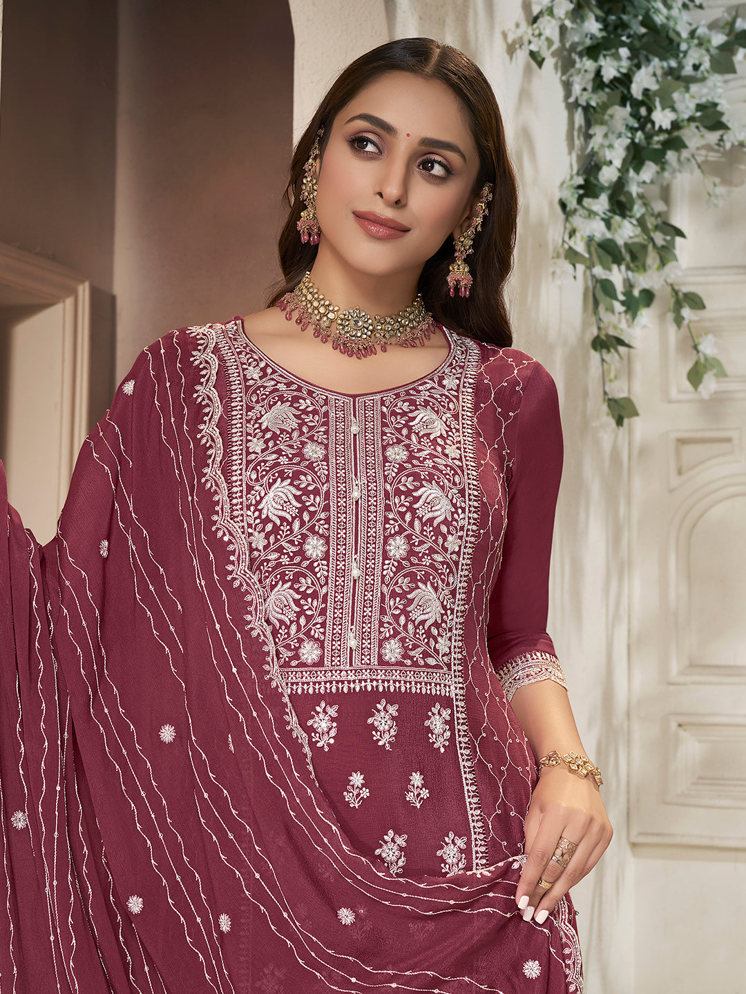 Embroidered Burgundy Chinon Top with Sequin Detailing and Matching Sharara Suit Set