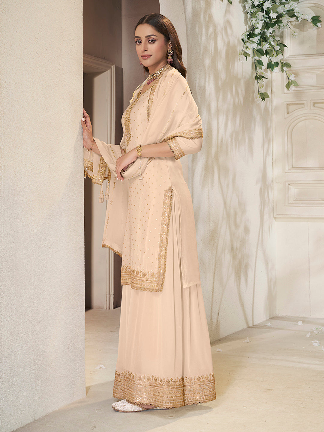 Off White Chinon Top with Sequins Embroidery and Sharara Suit Set