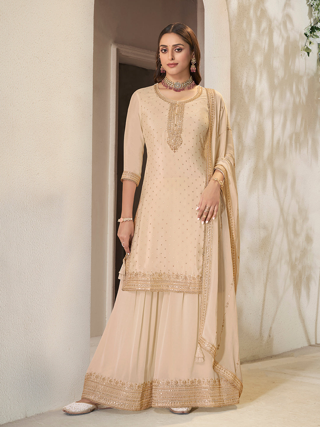 Off White Chinon Top with Sequins Embroidery and Sharara Suit Set