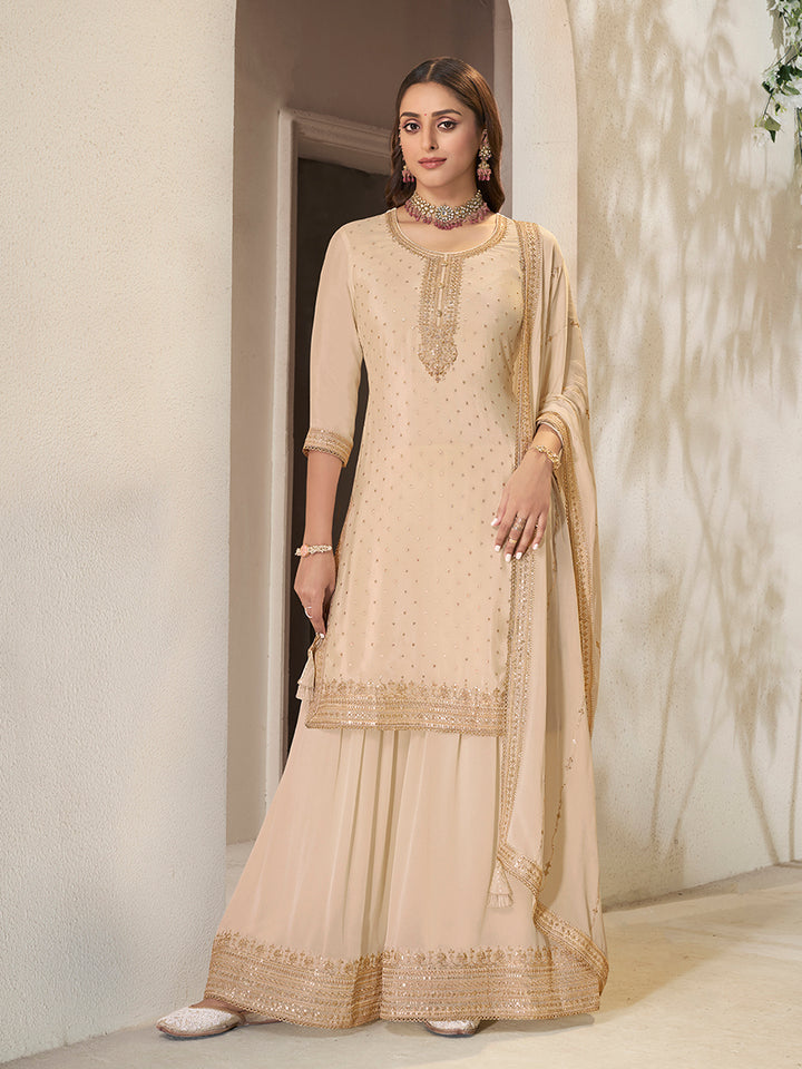 Off White Chinon Top with Sequins Embroidery and Sharara Suit Set