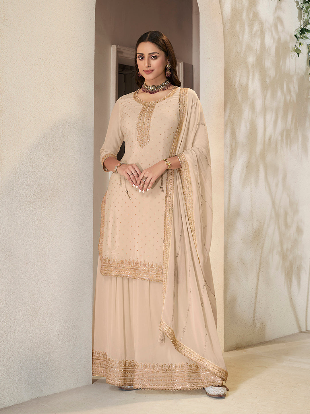 Off White Chinon Top with Sequins Embroidery and Sharara Suit Set