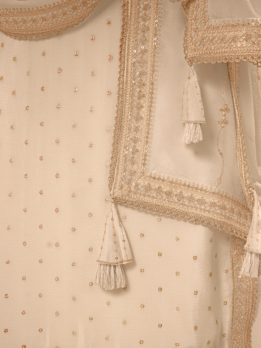 Off White Chinon Top with Sequins Embroidery and Sharara Suit Set