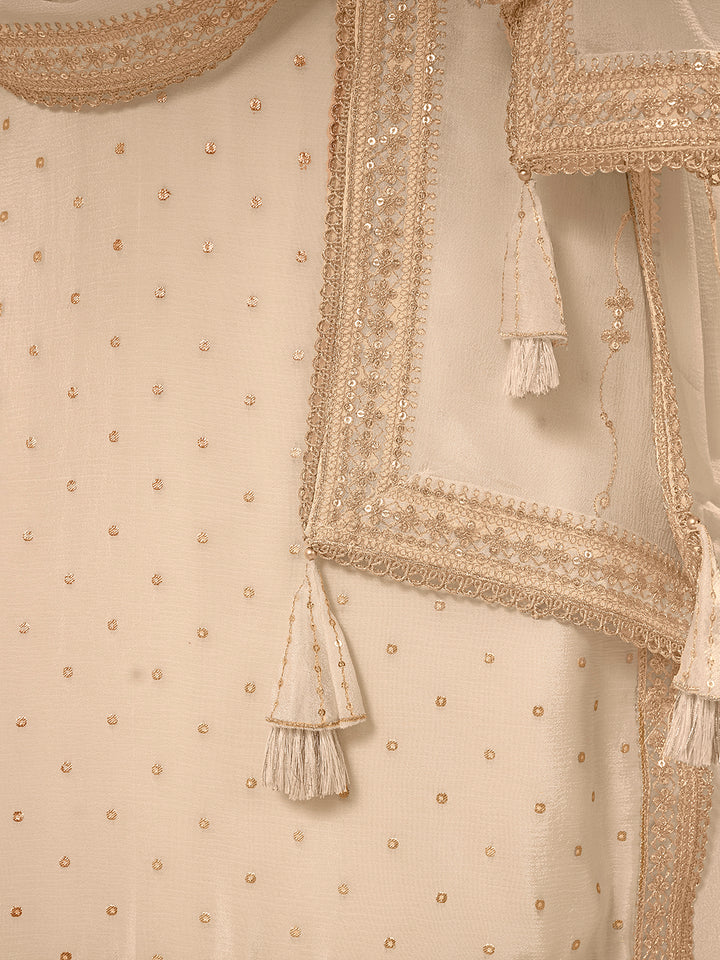 Off White Chinon Top with Sequins Embroidery and Sharara Suit Set