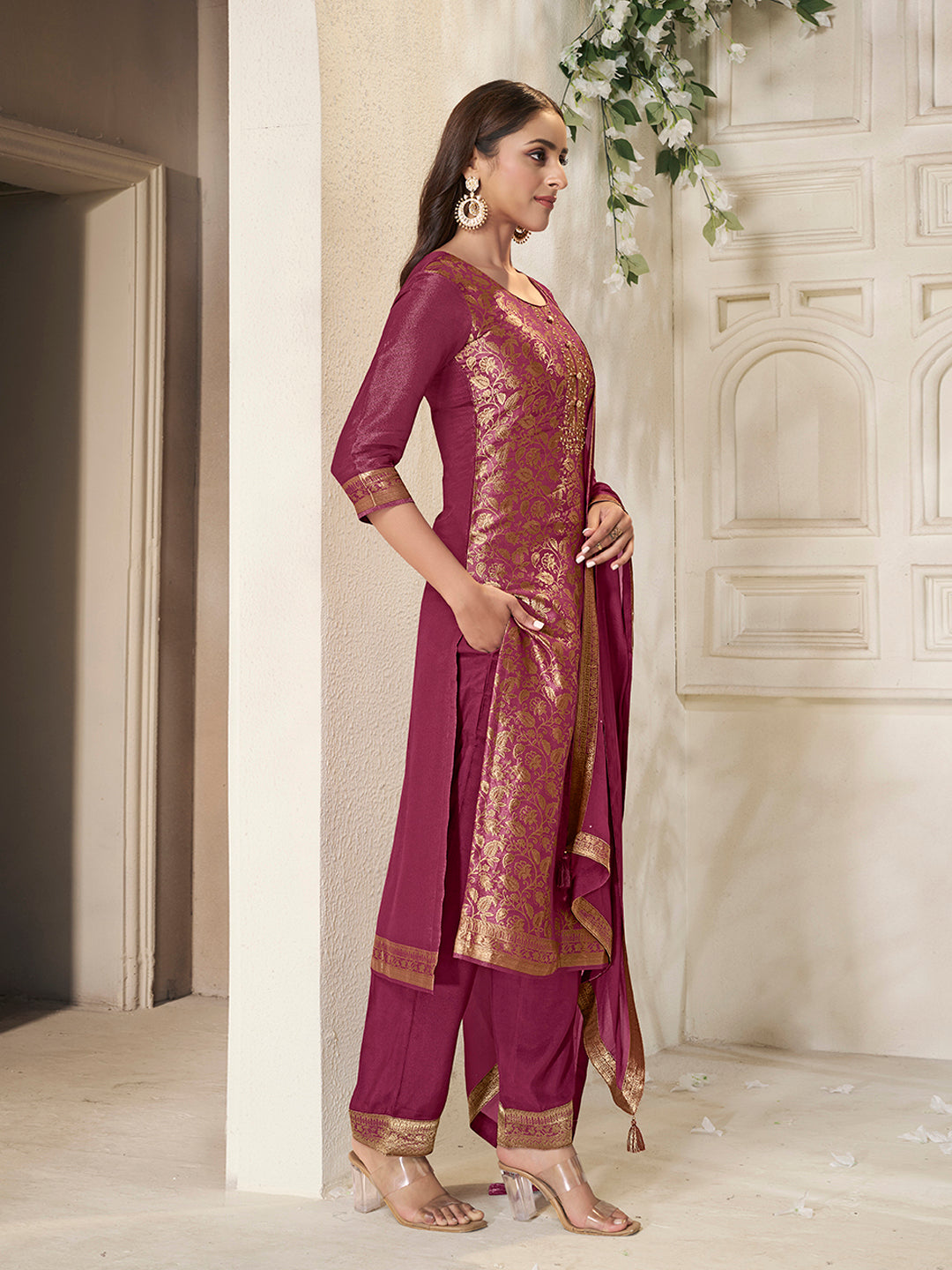 Maroon Tissue Jacquard weave Kurta Suit Set
