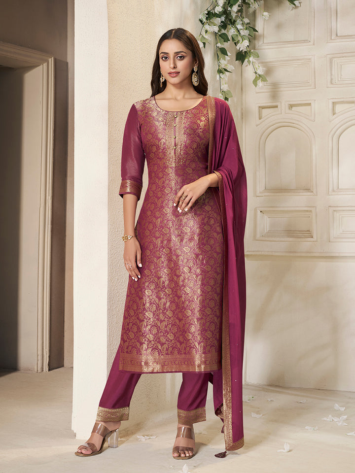 Maroon Tissue Jacquard weave Kurta Suit Set