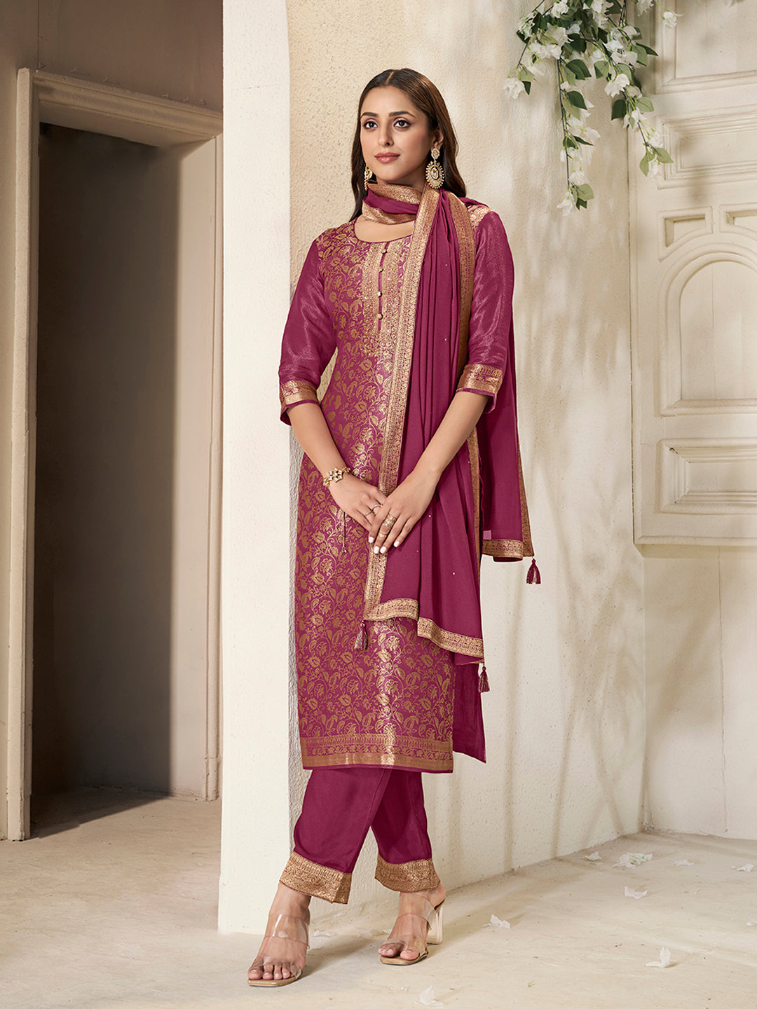 Maroon Tissue Jacquard weave Kurta Suit Set