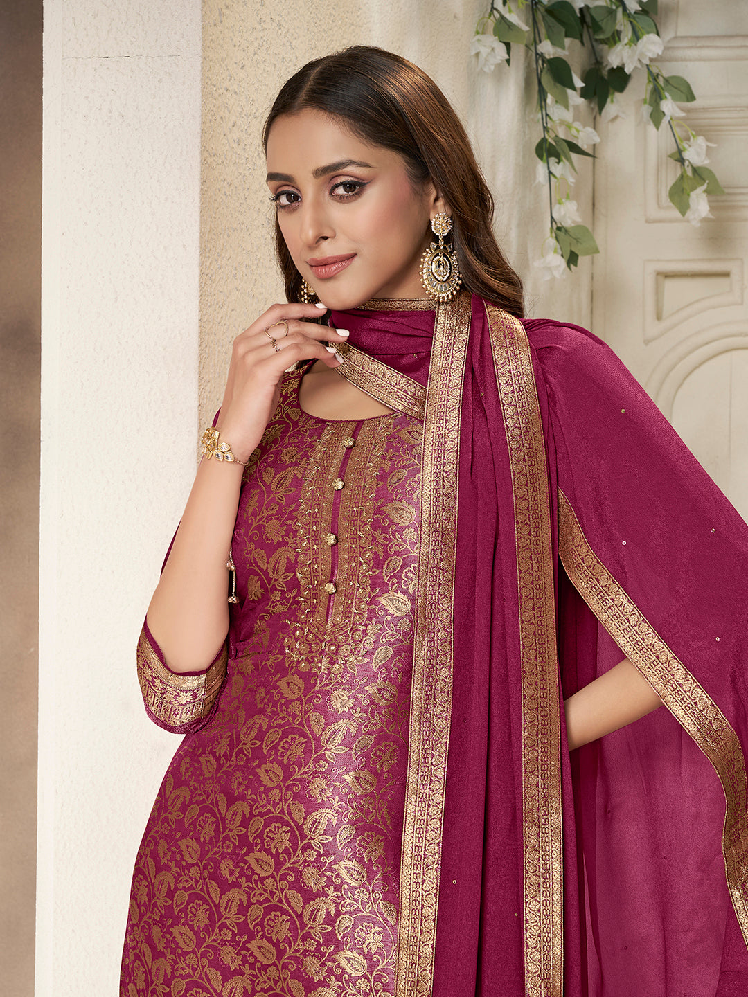 Maroon Tissue Jacquard weave Kurta Suit Set