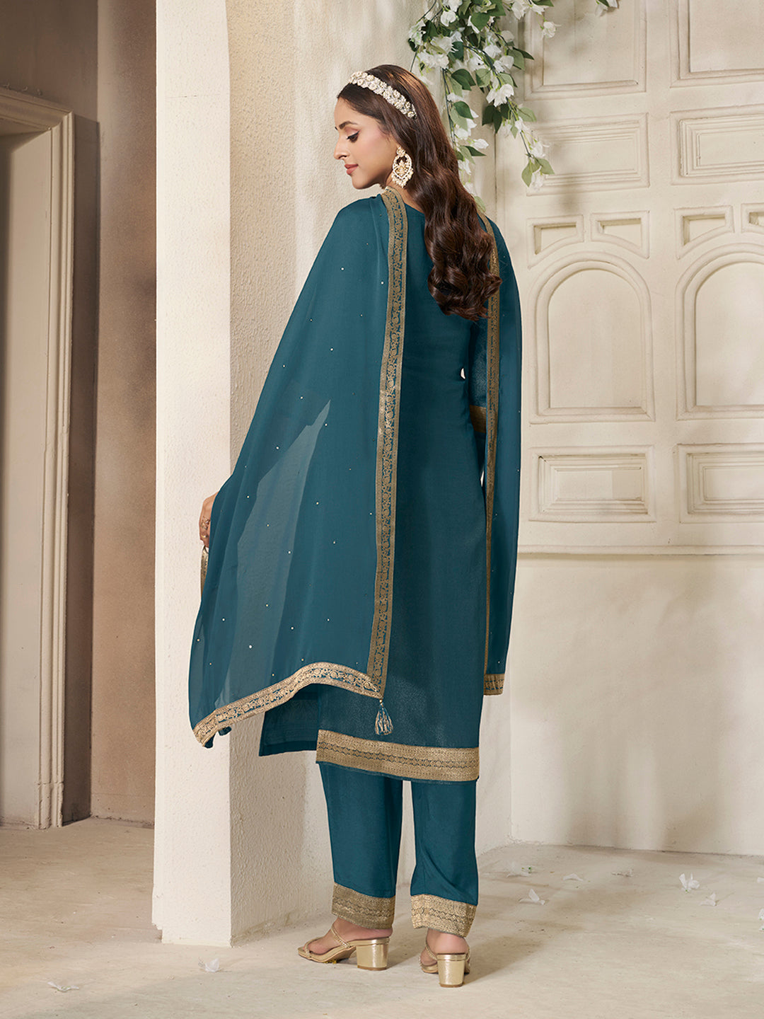 Teal Tissue Jacquard weave Kurta Suit Set