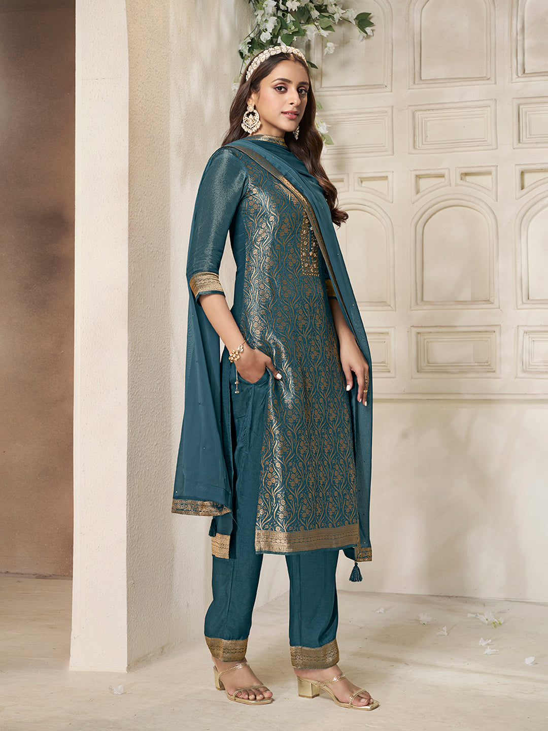 Teal Tissue Jacquard weave Kurta Suit Set