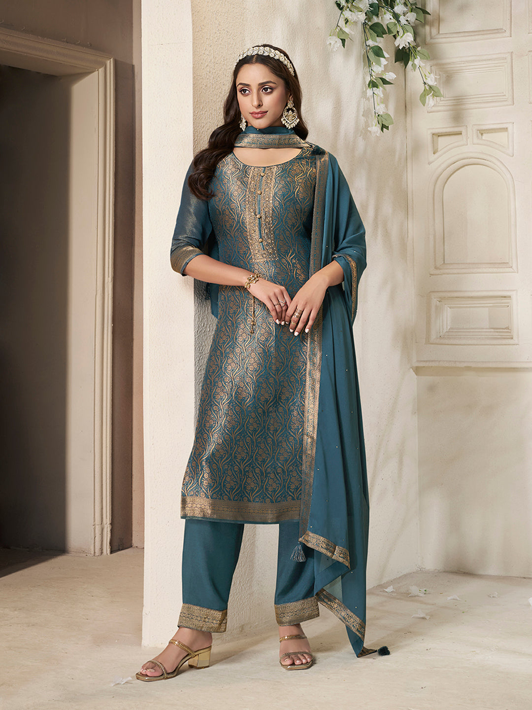 Elegant Teal Blue Jacquard Kurta main image 0