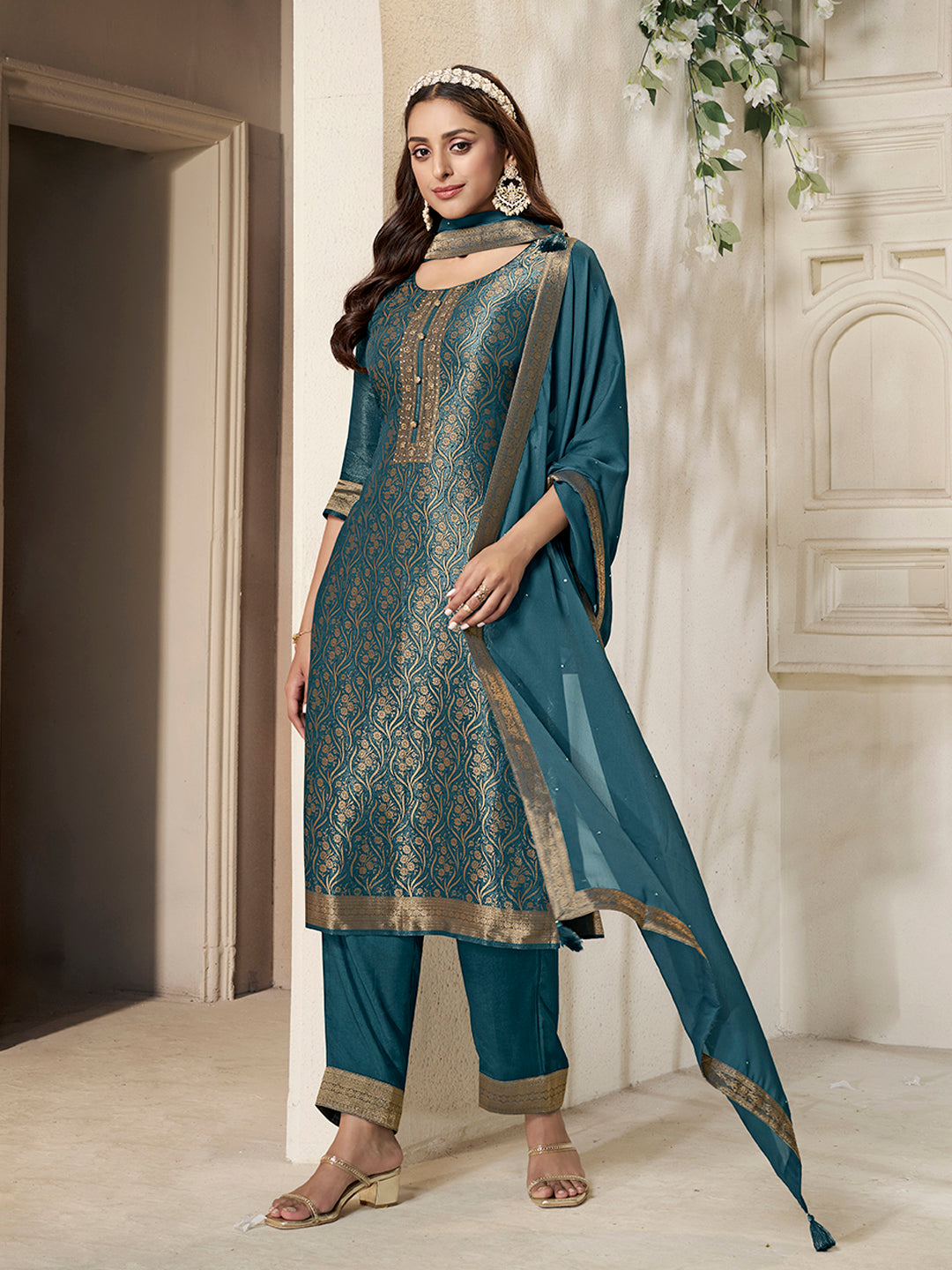 Teal Tissue Jacquard weave Kurta Suit Set