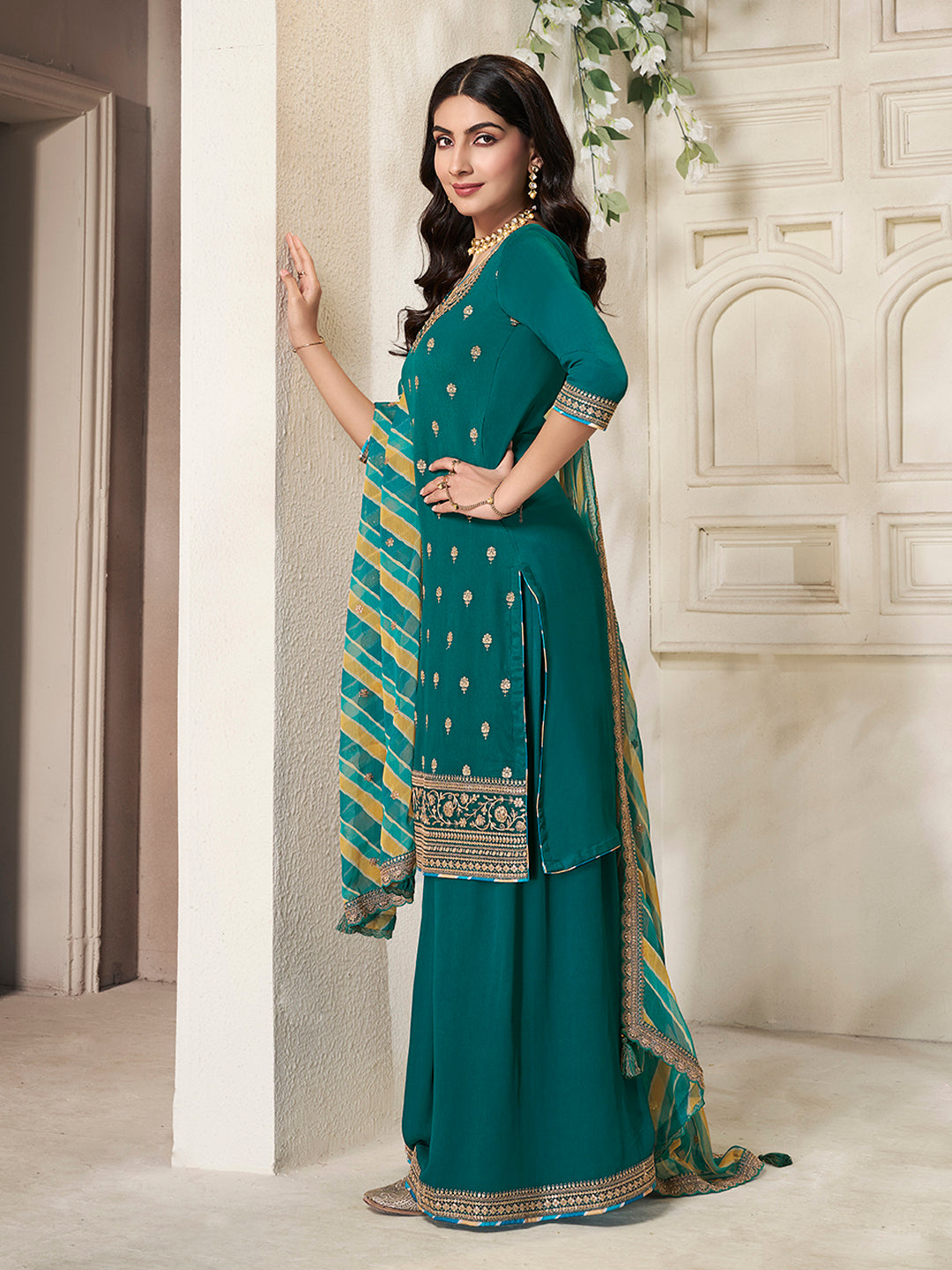 Green Chinon Top, Embellished Sharara, and Lehariya Printed Dupatta Sharara Suit Set