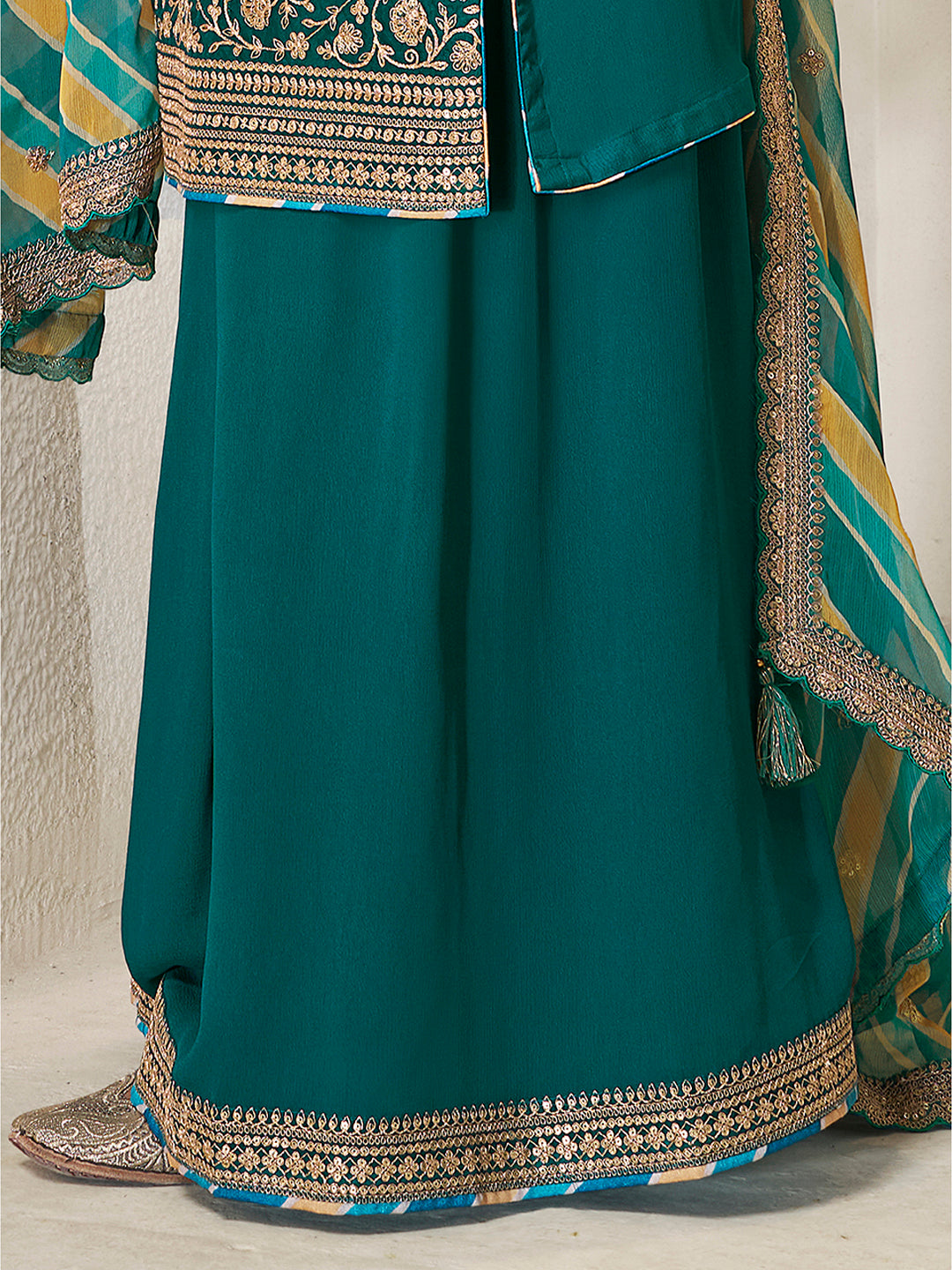 Green Chinon Top, Embellished Sharara, and Lehariya Printed Dupatta Sharara Suit Set