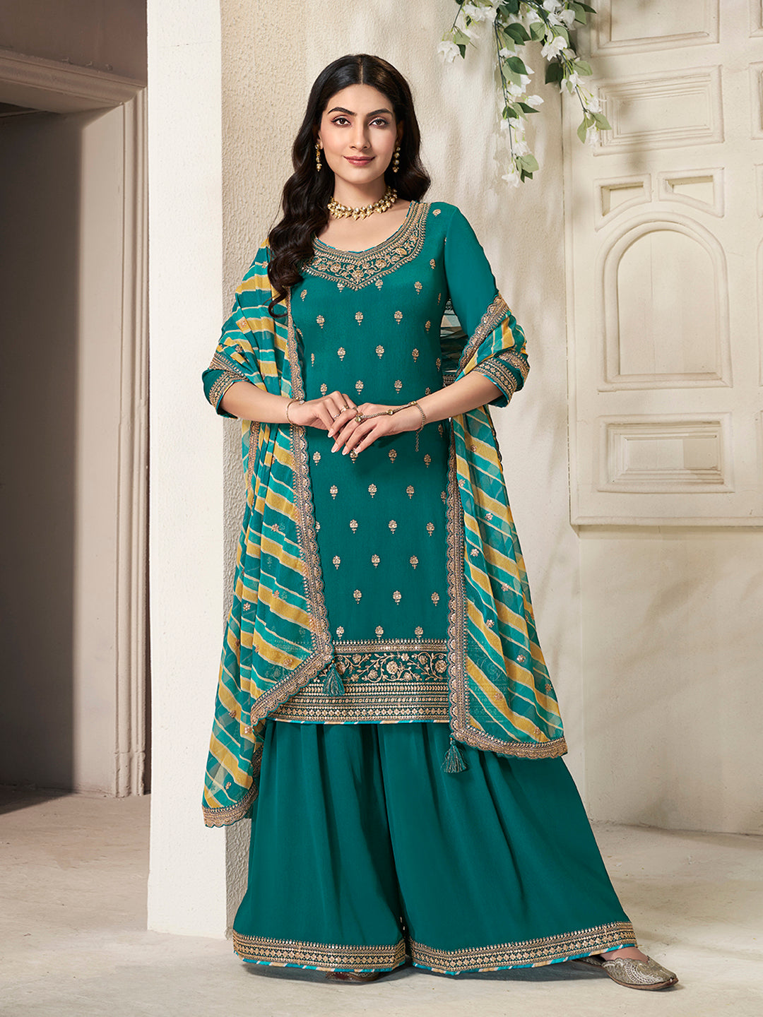 Green Chinon Top, Embellished Sharara, and Lehariya Printed Dupatta Sharara Suit Set