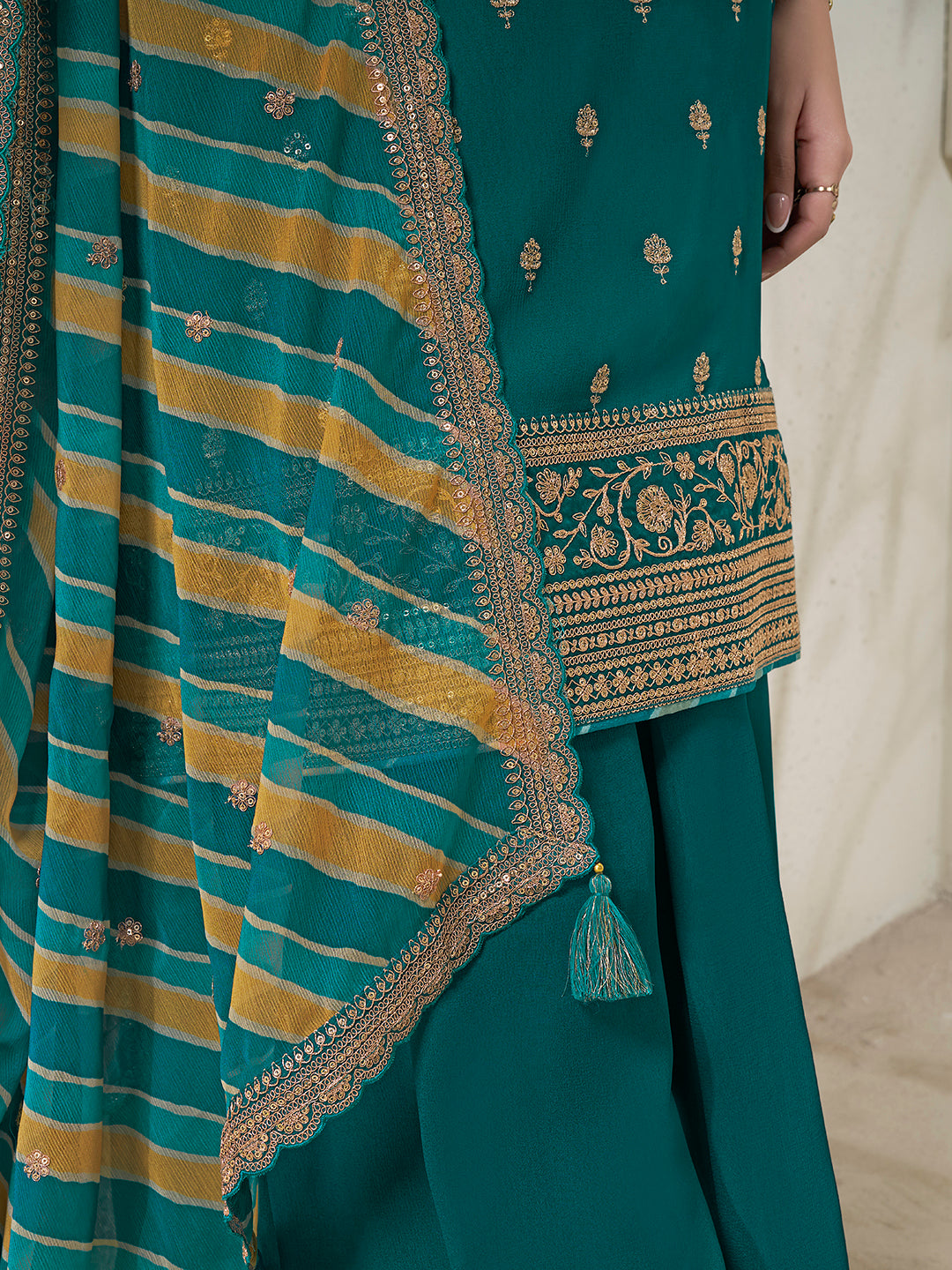 Green Chinon Top, Embellished Sharara, and Lehariya Printed Dupatta Sharara Suit Set