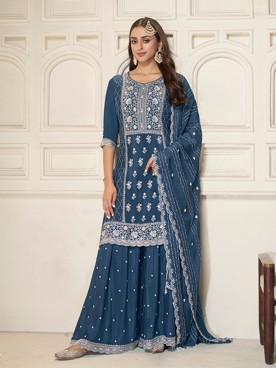 Embroidered Blue Chinon Top with Sequin Detailing and Matching Sharara Suit Set