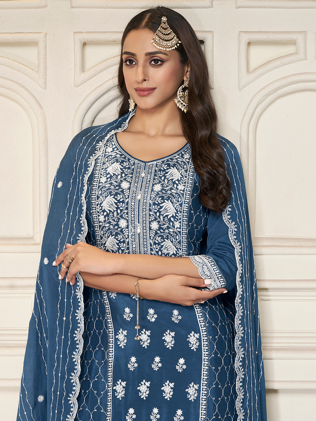 Embroidered Blue Chinon Top with Sequin Detailing and Matching Sharara Suit Set
