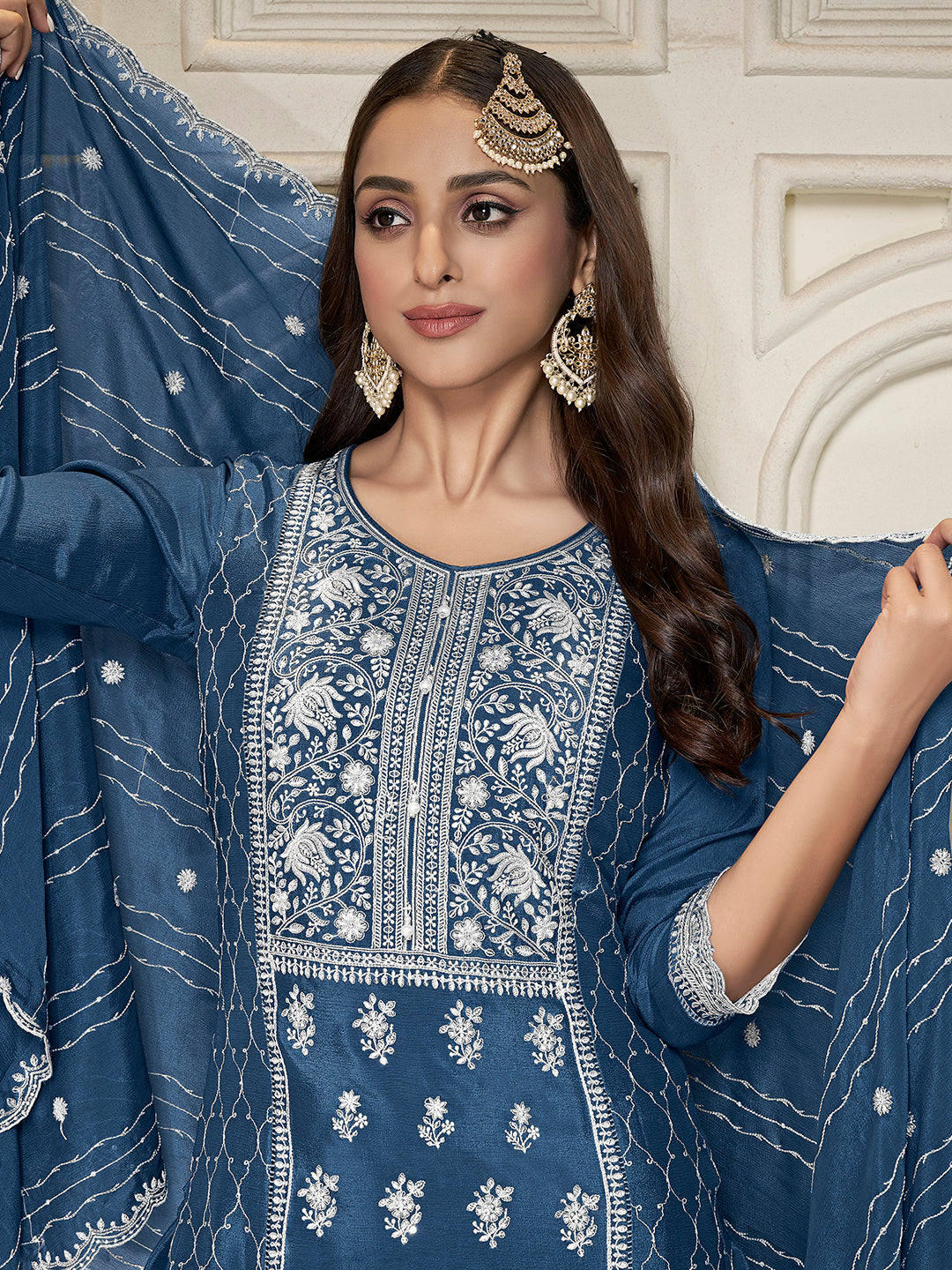 Embroidered Blue Chinon Top with Sequin Detailing and Matching Sharara Suit Set