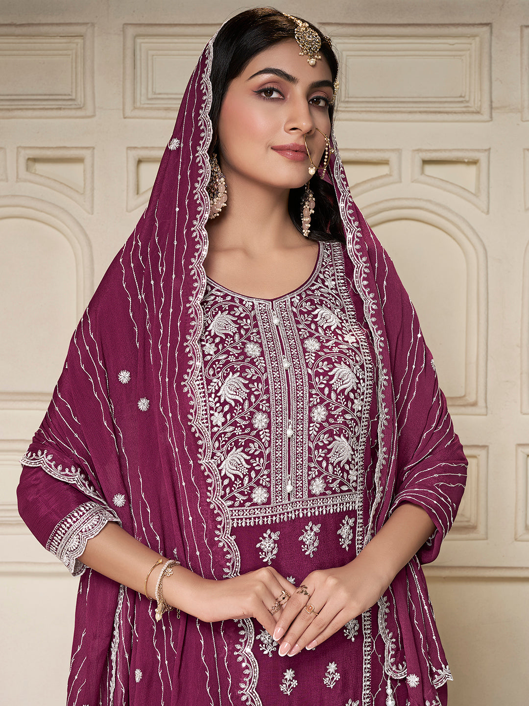 Embroidered Purple Chinon Top with Sequin Detailing and Matching Sharara Suit Set