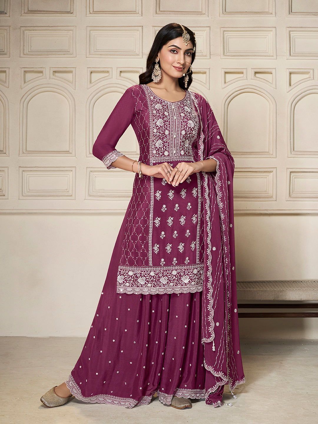 Embroidered Purple Chinon Top with Sequin Detailing and Matching Sharara Suit Set