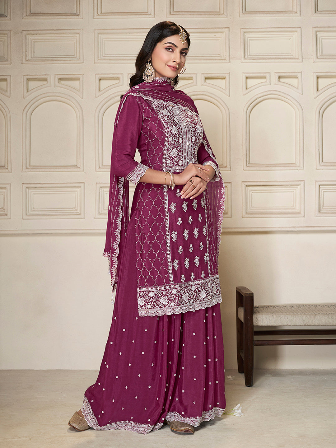 Embroidered Purple Chinon Top with Sequin Detailing and Matching Sharara Suit Set