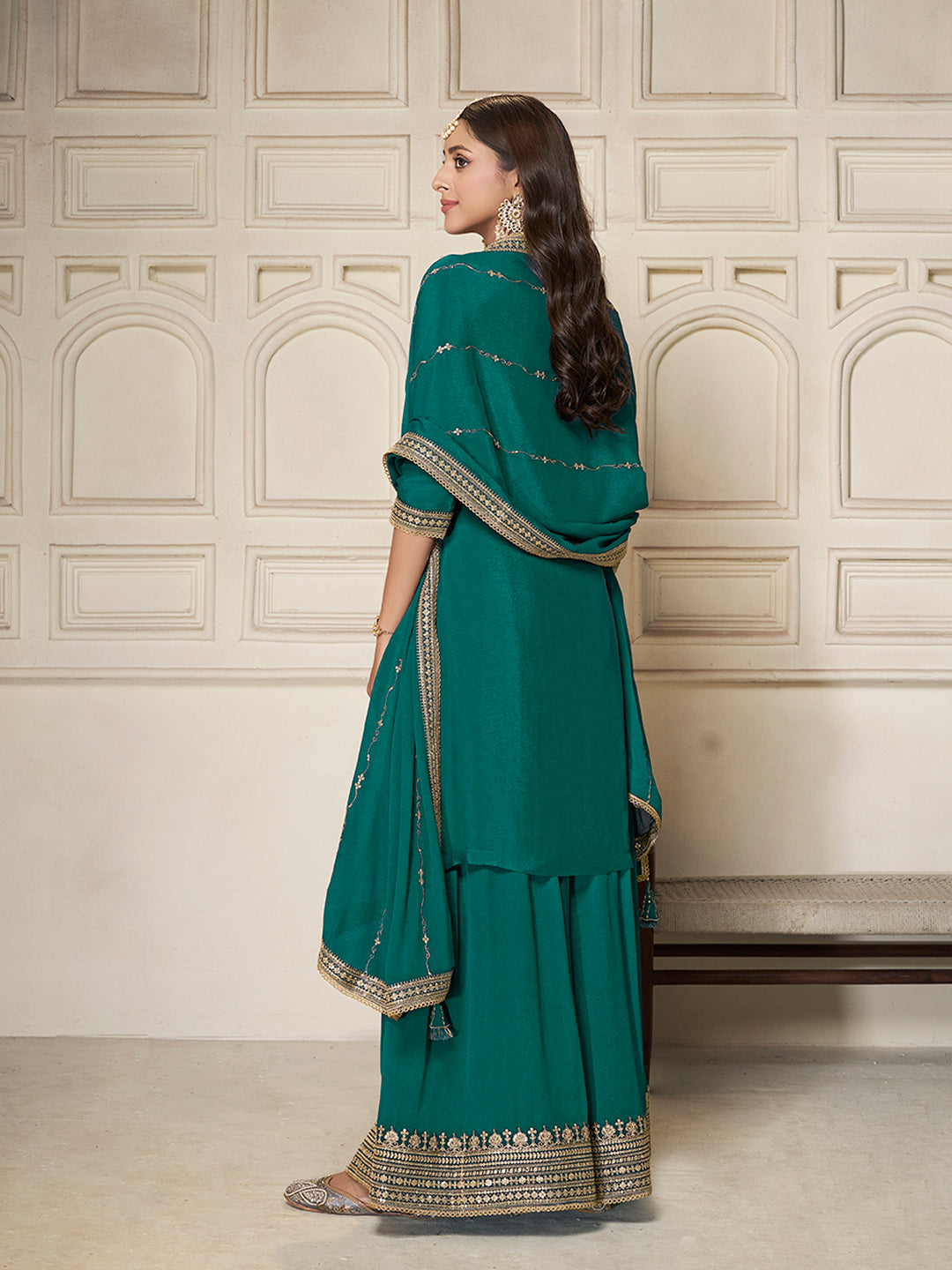 Green Chinon Top with Sequins Embroidery and Sharara Suit Set