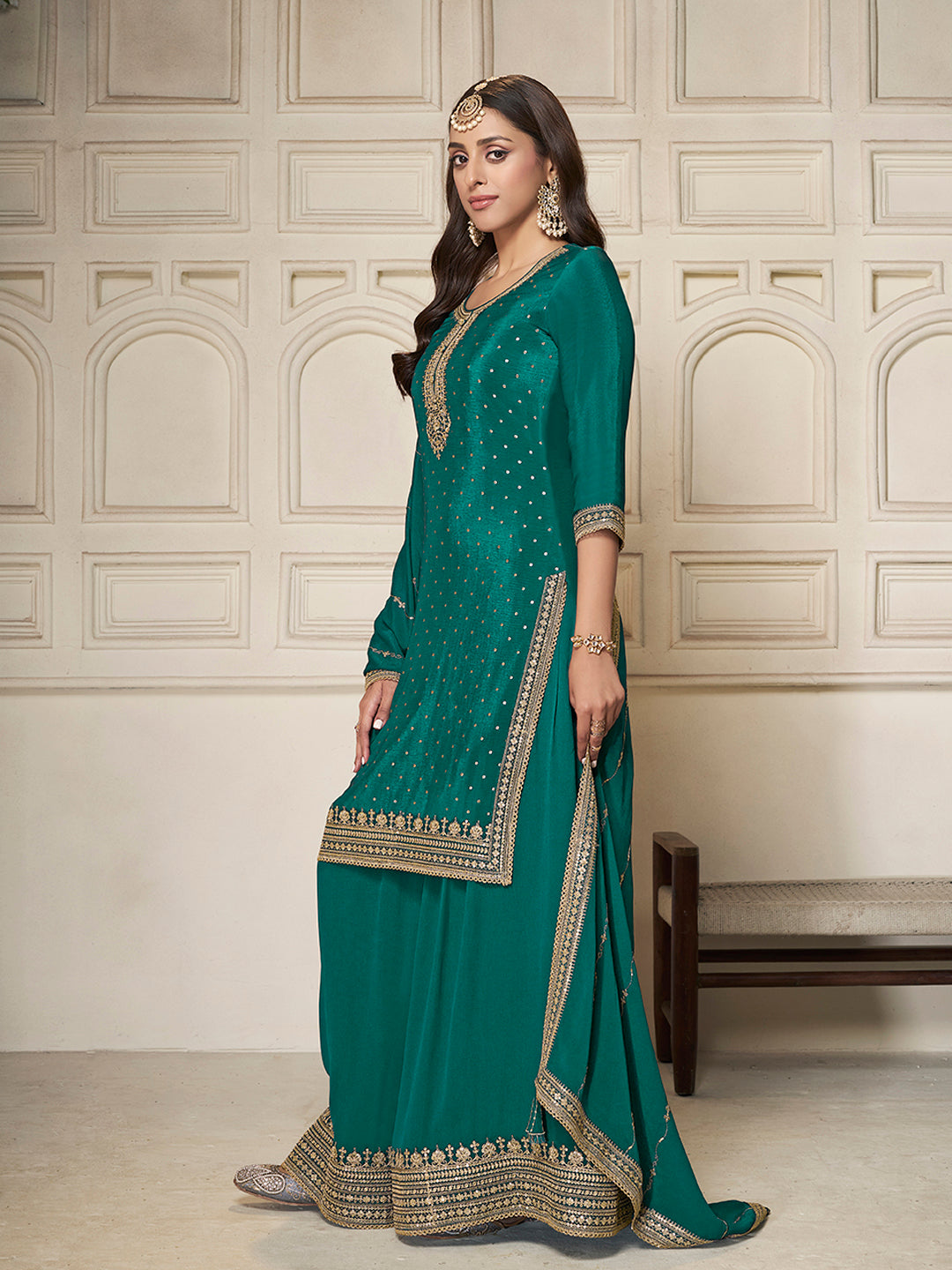 Green Chinon Top with Sequins Embroidery and Sharara Suit Set