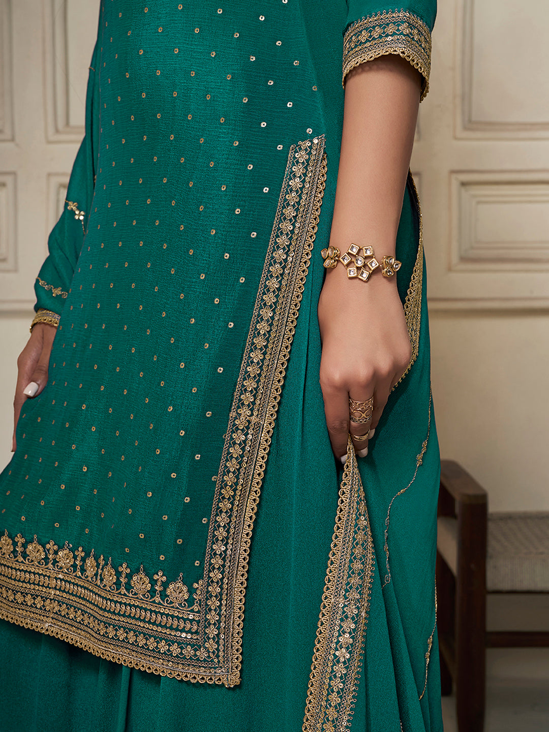 Green Chinon Top with Sequins Embroidery and Sharara Suit Set