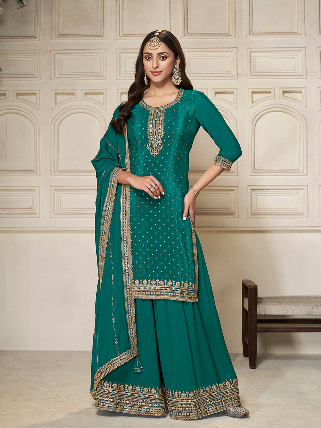 Green Chinon Top with Sequins Embroidery and Sharara Suit Set