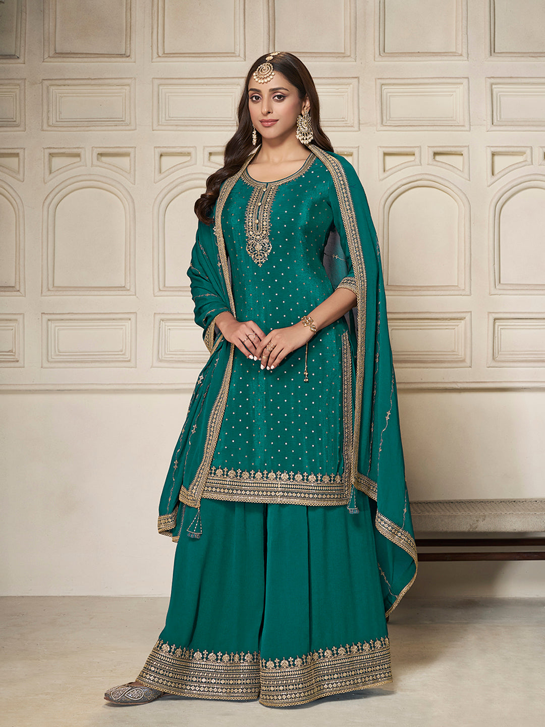 Green Chinon Top with Sequins Embroidery and Sharara Suit Set