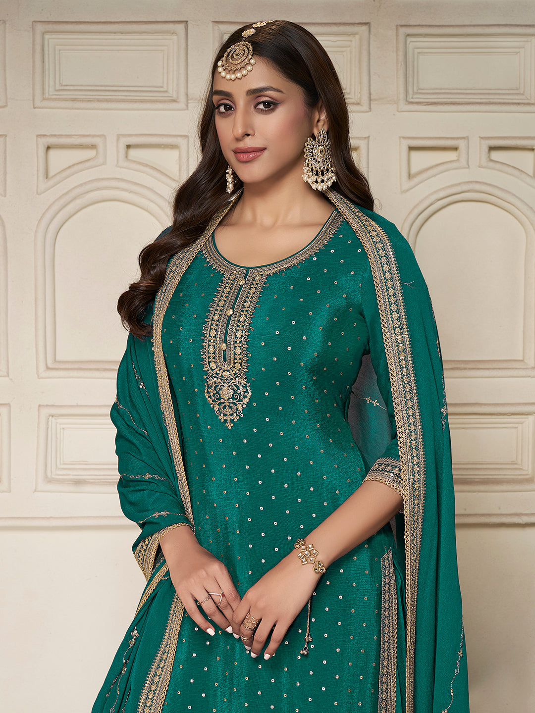 Green Chinon Top with Sequins Embroidery and Sharara Suit Set