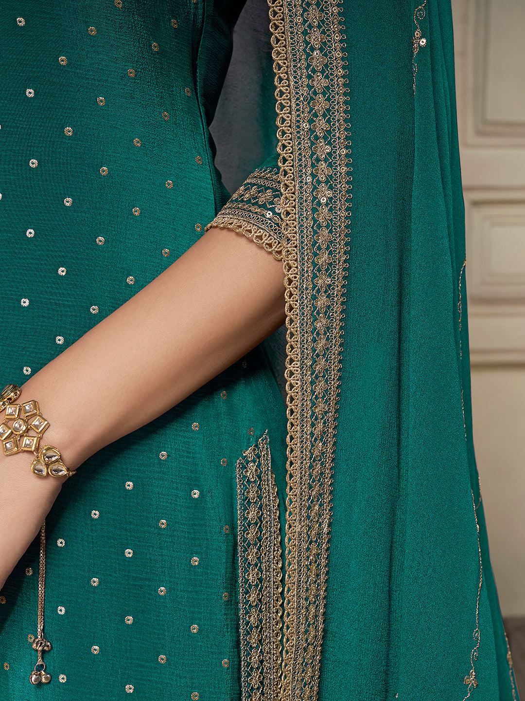 Green Chinon Top with Sequins Embroidery and Sharara Suit Set