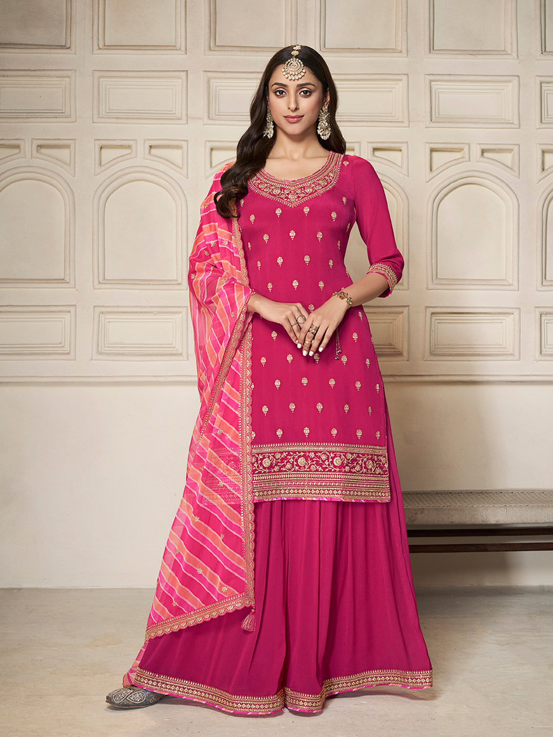 Pink Chinon Top, Embellished Sharara, and Lehariya Printed Dupatta Sharara Suit Set