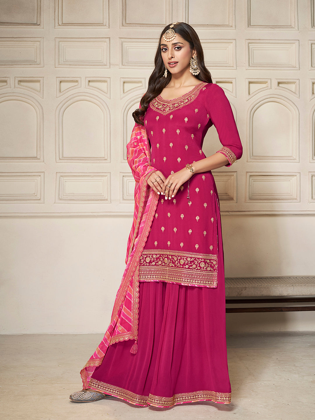 Pink Chinon Top, Embellished Sharara, and Lehariya Printed Dupatta Sharara Suit Set