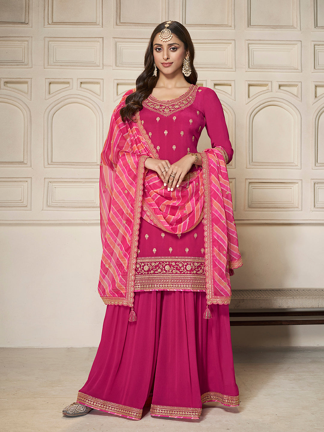 Pink Chinon Top, Embellished Sharara, and Lehariya Printed Dupatta Sharara Suit Set