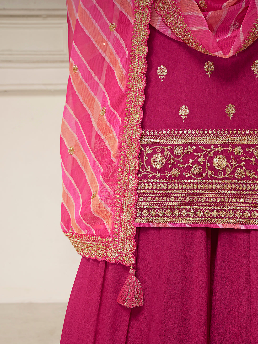 Pink Chinon Top, Embellished Sharara, and Lehariya Printed Dupatta Sharara Suit Set