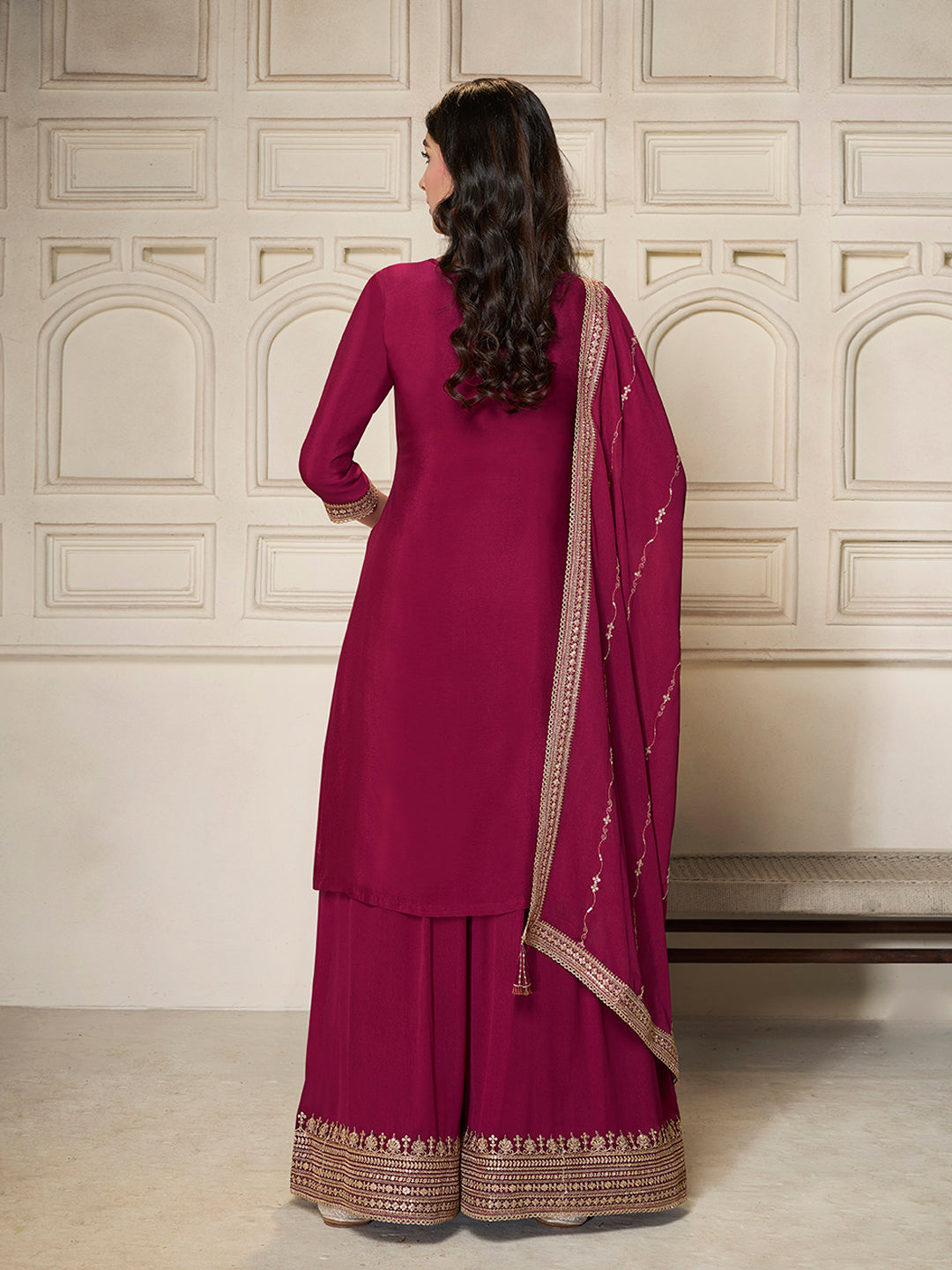 Red Chinon Top with Sequins Embroidery and Sharara Suit Set