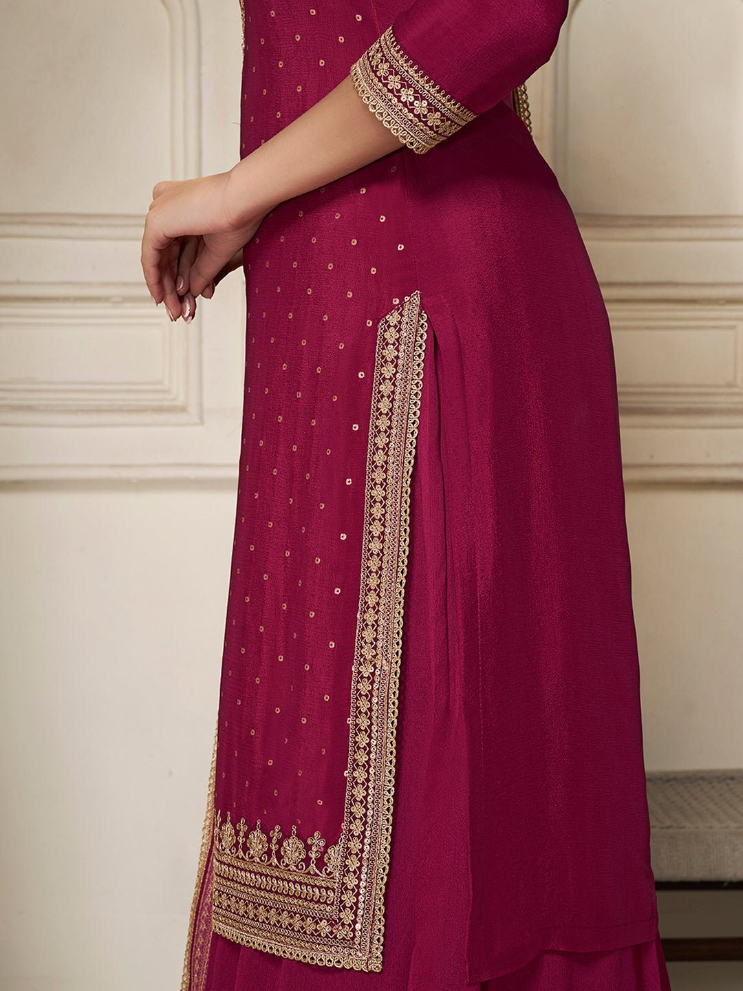 Red Chinon Top with Sequins Embroidery and Sharara Suit Set