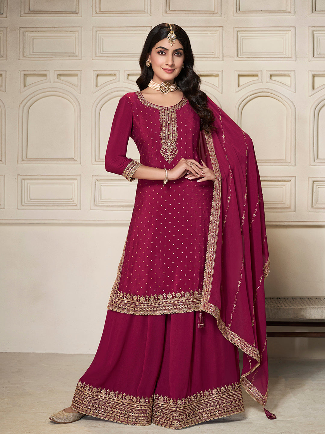 Red Chinon Top with Sequins Embroidery and Sharara Suit Set