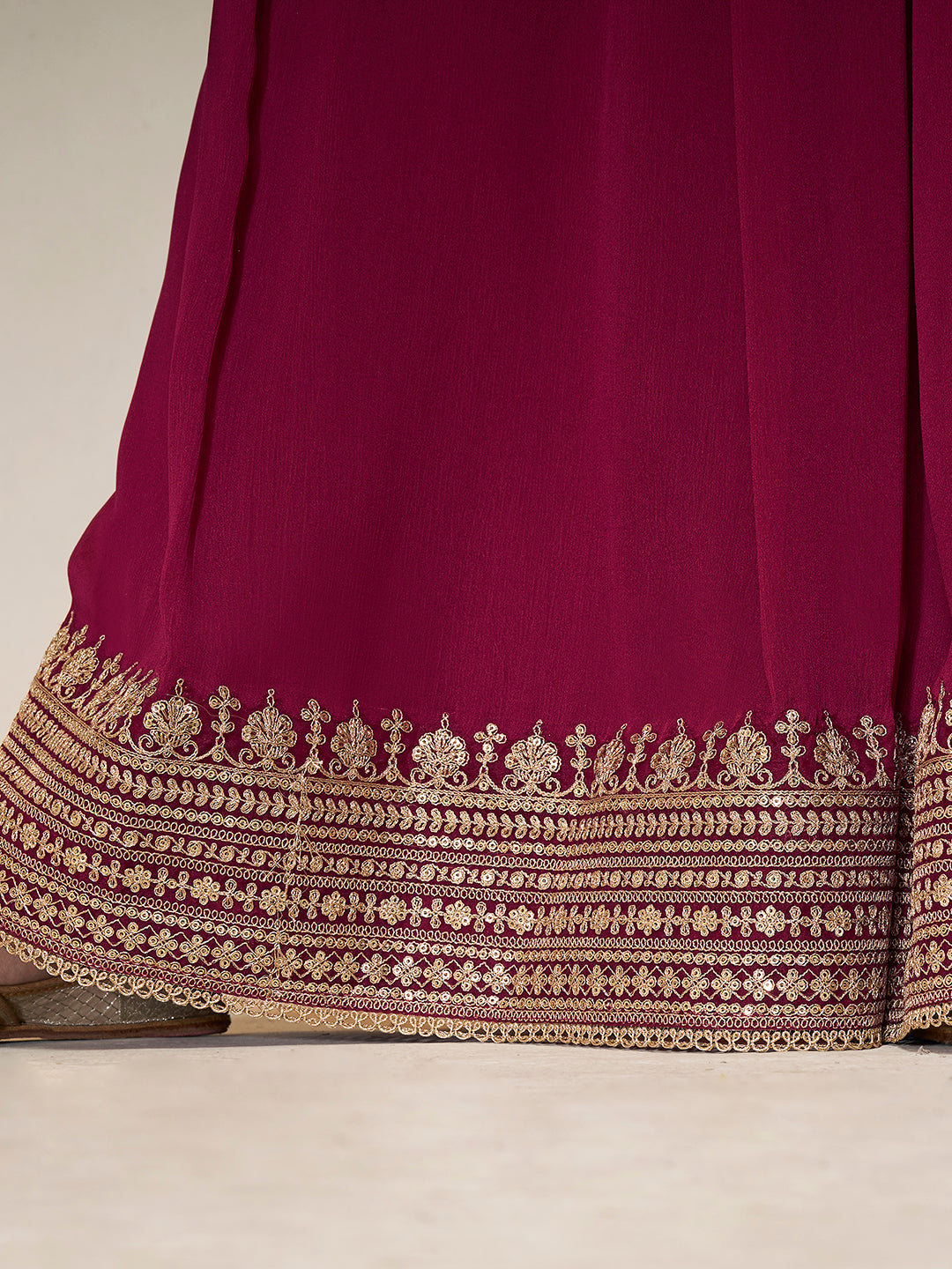 Red Chinon Top with Sequins Embroidery and Sharara Suit Set