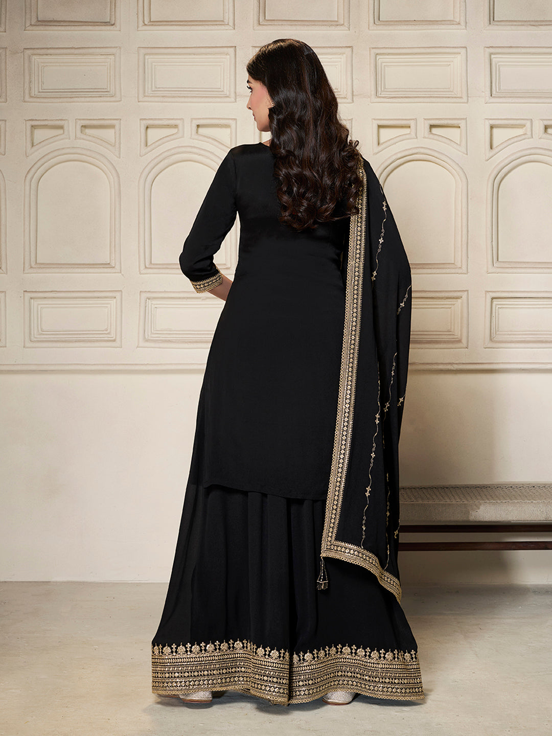 Black Chinon Top with Sequins Embroidery and Sharara Suit Set
