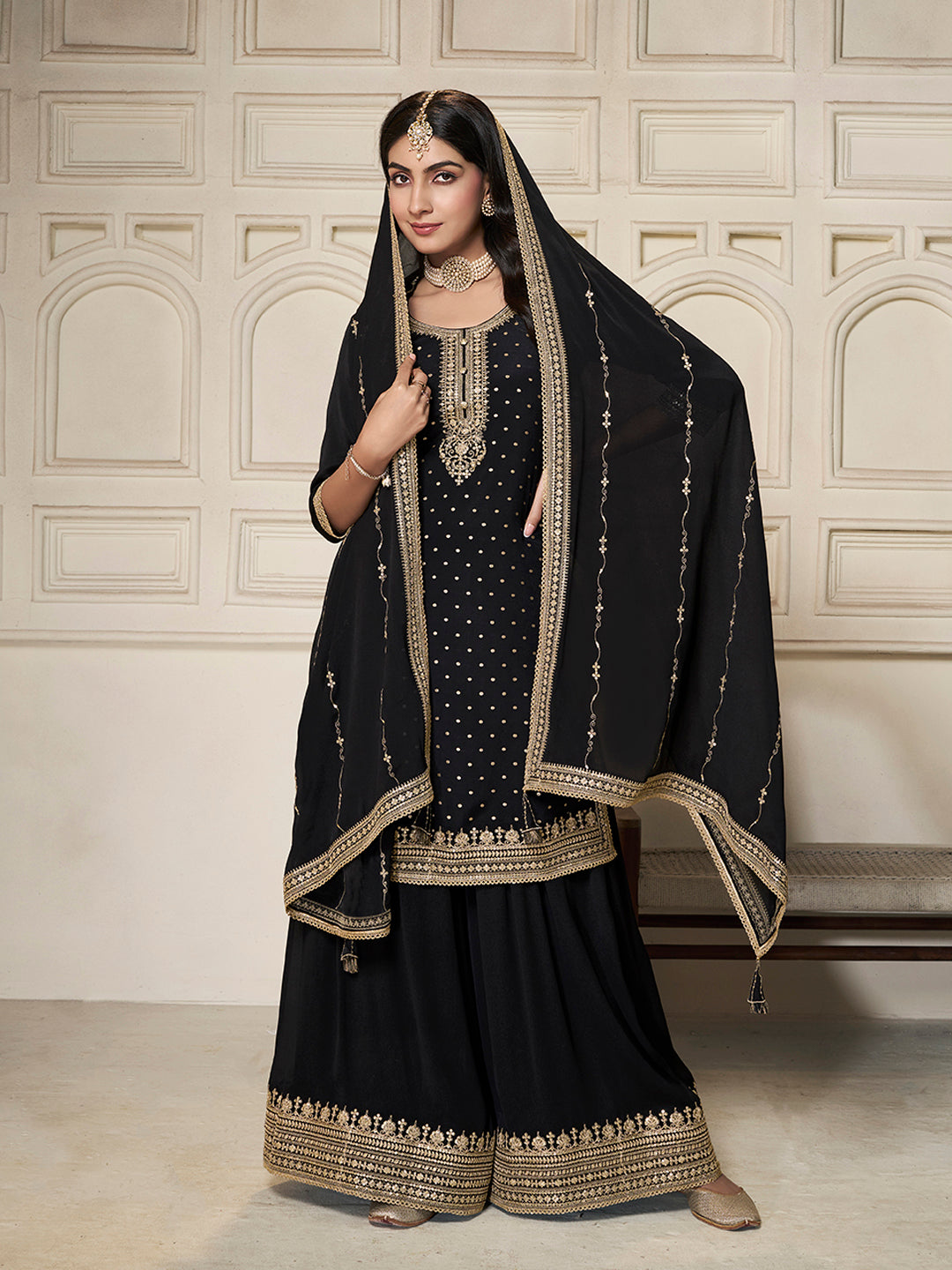 Black Chinon Top with Sequins Embroidery and Sharara Suit Set
